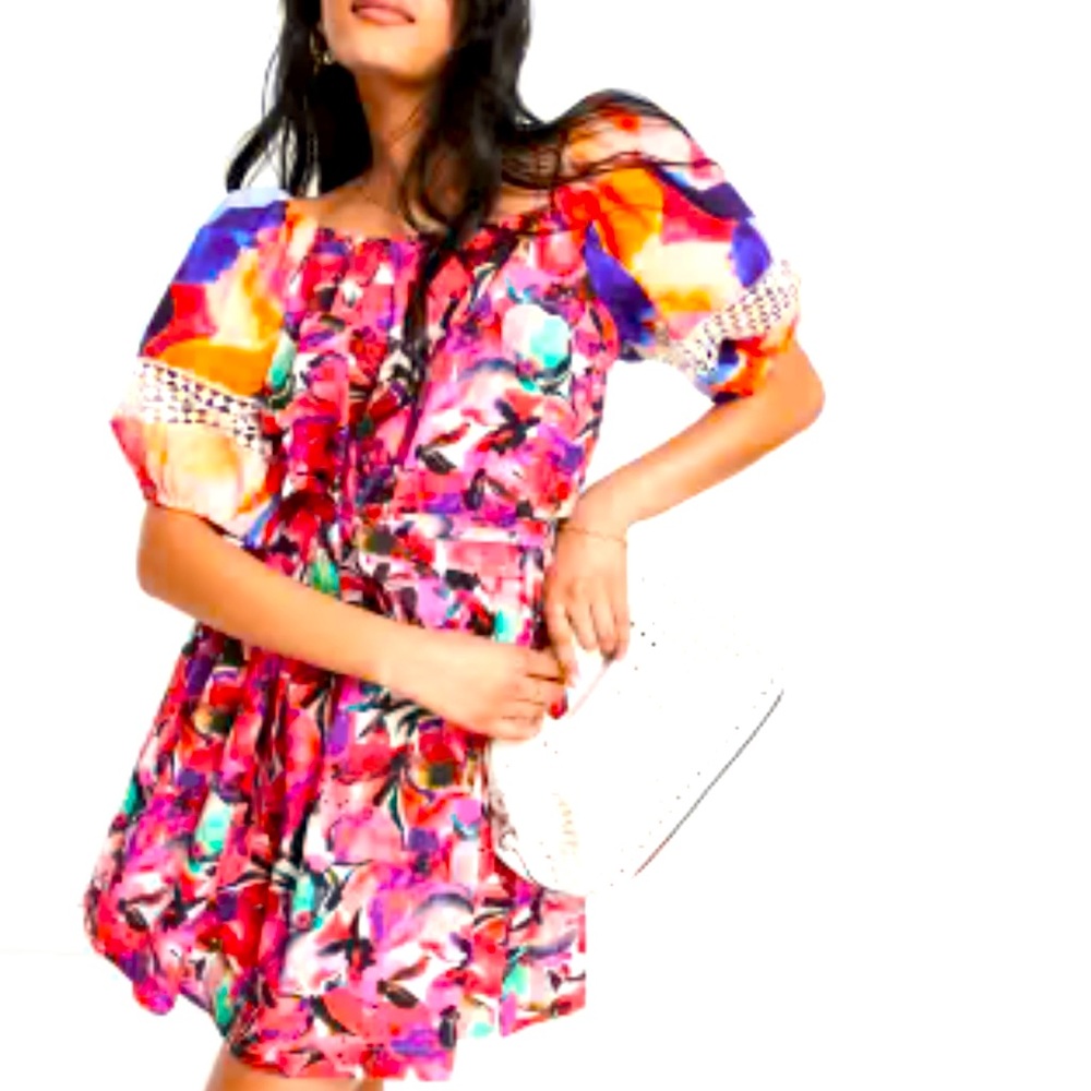 FRENCH CONNECTION Isadora Watercolor Colorful Cotton Print Puff Sleeve Dress. Md